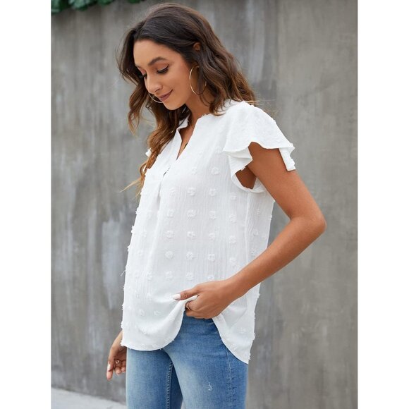 Women's White Blouse V Neck Ruffle Sleeve Flowy Shirts Dressy Casual - Picture 3 of 6